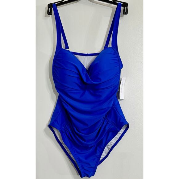 NEW Liz Claiborne Blue One Piece Ruched Molded Cup Adjustable Swimsuit 16W $109 - Picture 1 of 1